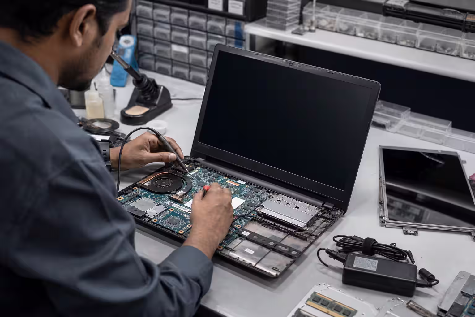 Technician diagnosing an open laptop at a professional repair workbench